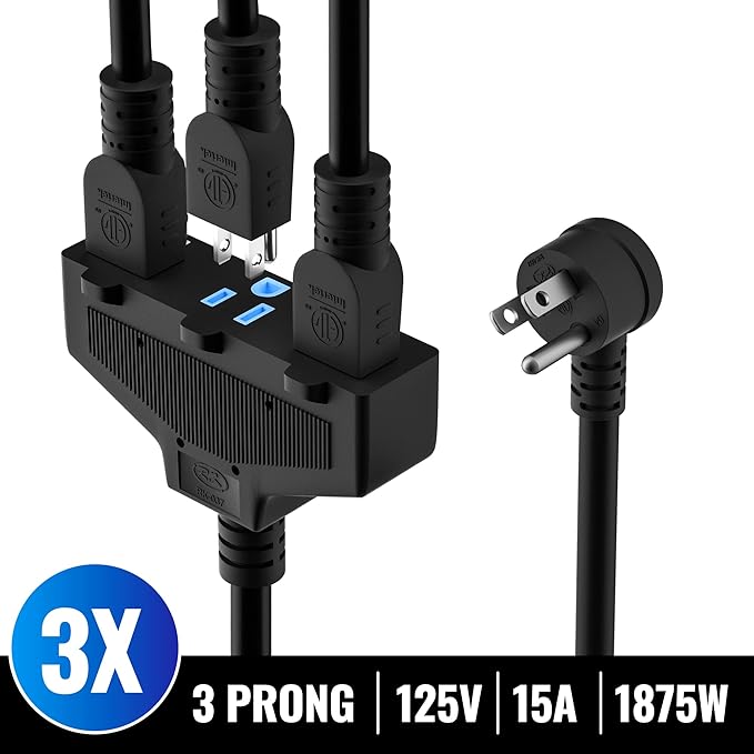 Outdoor Extension Cord 25 Ft with 3 Outlets, 12/3 SJTW 3 Prong Grounded Power Cord, 12 Gauge 12AWG Heavy Duty Power Cable, ETL Listed, 15 Amp 125 V 1875 W-Multiple Outlets for Indoor/Outdoor-Black