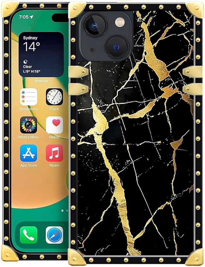 Compatible with iPhone 14 Case, Black Gold Marble Nature Luxury Golden Decoration for Girl Women Soft TPU Shockproof Protective Hard PC Back for iPhone 14