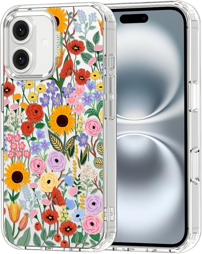 MOSNOVO Case for iPhone 16, [Buffertech 6.6ft Military-Grade Drop Protection] [Anti Peel Off Tech] Clear TPU Bumper Phone Case Cover Design - Blossom & Bloom