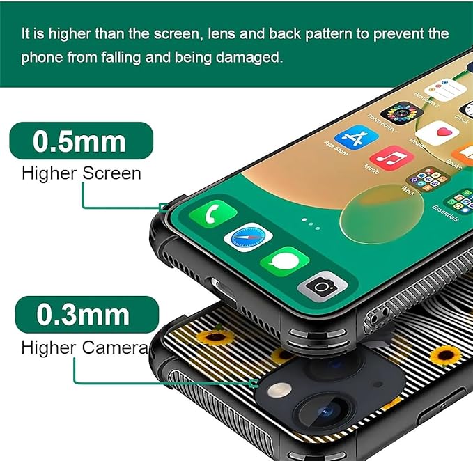for iPhone 13 Case, Cute Little Elephant Sunflower White Line Art Pattern Graphic Design Girl Boy Soft Silicone Hard Acrylic Shock Protection for iPhone 13