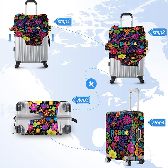 ANNA QUEEN Peace Flowers Travel Luggage Cover -Spring Stretchable Airplane Suitcase Protector Sleeve,Universal Washable Fit for 20-22 Inch Checked Baggage,Water Resistant Durable Luggage Protector