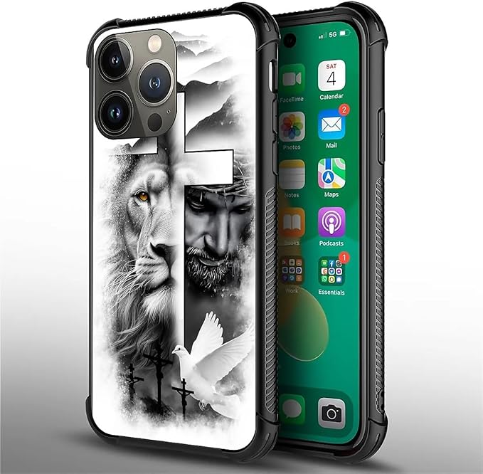 for iPhone 13 Pro Max Case, Lion Cross Jesus Christ Dove Pattern Graphic Design Girl Boy Soft Silicone Hard Acrylic Shock Protection for iPhone 13 Pro Max