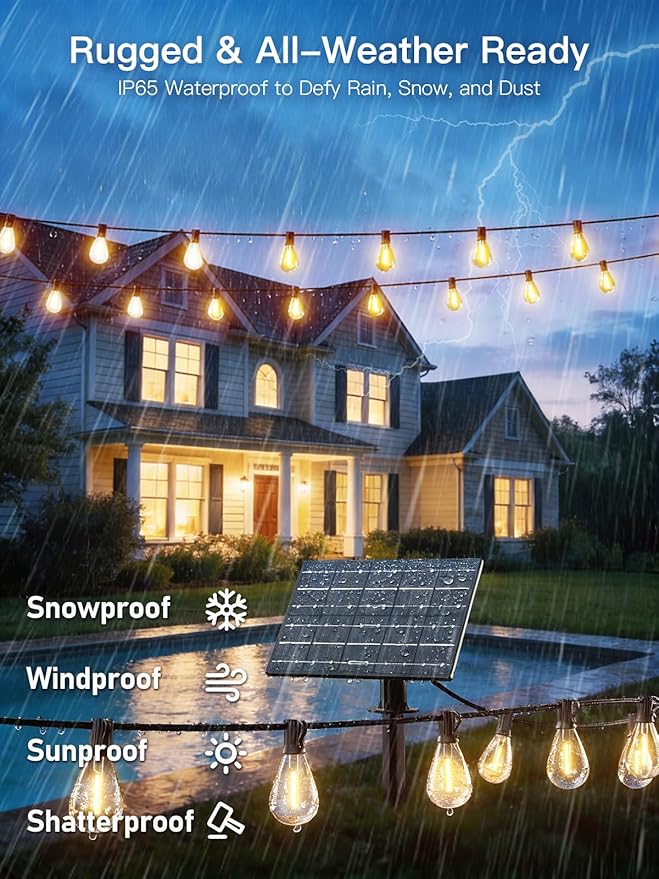 200FT Solar String Lights Outdoor Waterproof, 72+2 LED Solar Powered Lights with Remote Control, 3 Light Modes & Dimmable, USB-C Charging for Patio, Backyard, Garden, Camping
