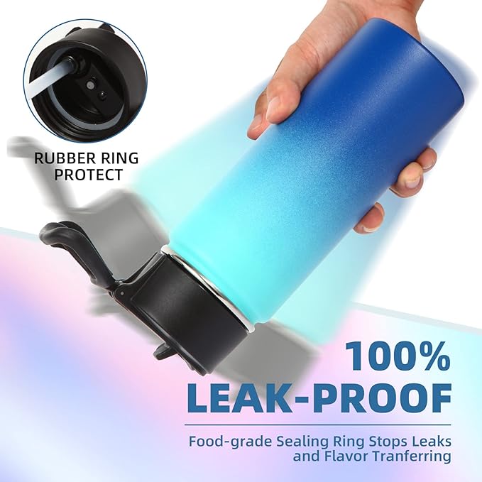 Volhoply 18oz Insulated Water Bottle Bulk 2 Pack,Kids Stainless Steel Water Bottles with Straw Lid,Wide Mouth Reusable Metal Cups,Double Wall Vacuum Sports Flask Keep Hot and Cold(Green Blue,2 Set)