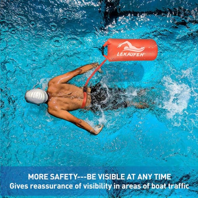 Swim Buoy for Open Water, 20L Swim Safety Float Waterproof Dry Bag for Swimmers Triathletes Kayakers Snorkelers, Swimming Pull Buoy for Safer Swim Training (Light Orange)