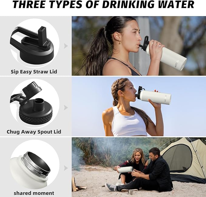 40oz Insulated Water Bottle (Cold for 48 Hrs),BPA Free&Leak Proof,Stainless Steel Water Flask,Water Jug with Straw Spout Lids for Gym,Hiking,Travel,White