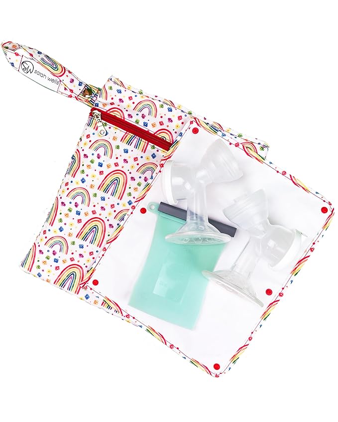 Sarah Wells Pumparoo Wet Dry Bag for Breast Pump Parts – Compact Organizer with Waterproof Pocket, Staging Mat & Fridge Hack – Machine Washable Pumping Accessory (Rainbows)