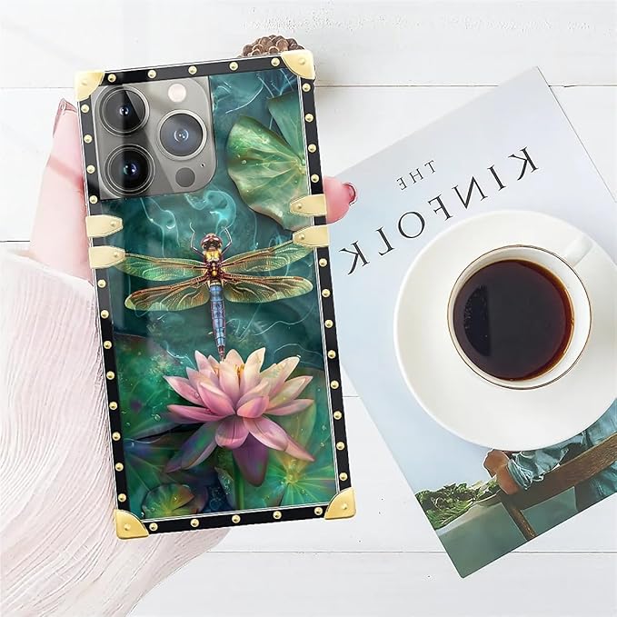 Compatible with iPhone 15 Pro Max Case, Colourful Dragonfly Pink Lily Pads Luxury Golden Decoration for Girl Women Soft TPU Shockproof Protective Hard PC Back for iPhone 15 Pro Max