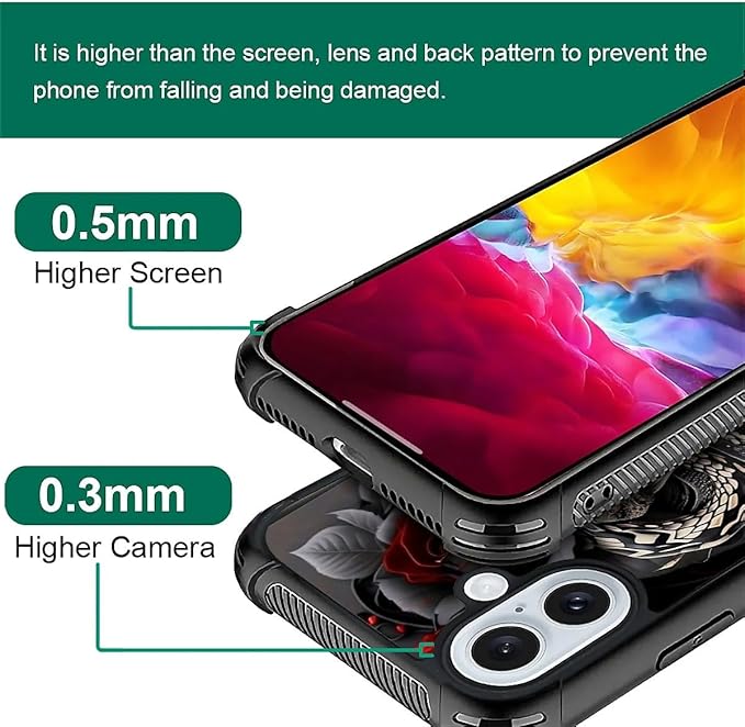 for iPhone 16 Case, Entwined Rose Snake Pattern Graphic Design Girl Boy Soft Silicone Hard Acrylic Shock Protection for iPhone 16