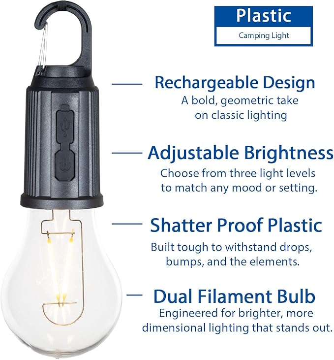 4-Pack Rechargeable Camp Light, Warm White LED Globe Bulb, Battery Powered with USB-C, Shatterproof Globe on Carabiner, 3 Brightness Levels