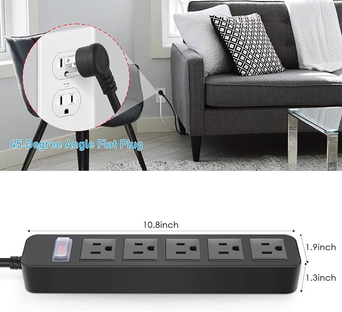 Outdoor Power Strip Waterproof with 5 Outlets, Garden Weatherproof Surge Protector, Christmas Multiple Outlet Exterior Socket for Lighting Appliances. 5FT Extension Cord Strip with Flat Plug. Black