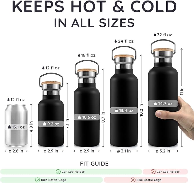 Bambaw 12 oz Insulated Water Bottle, Double Wall Metal Water Bottle Stainless Steel for School, Work & Gym, Wide Mouth, Leak-Proof, Keeps Drinks Cold for 24h Cold and Hot for 12h (Jet Black)