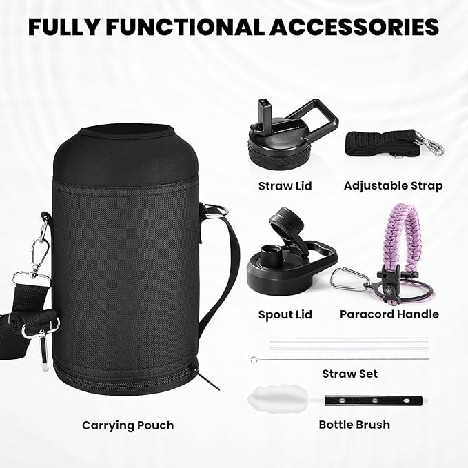 RAYMYLO Insulated Water Bottle 64 oz, Triple Wall Vacuum Stainless Steel (Cold for 48 Hrs), Leak Proof & Non-BPA, Half Gallon Water Flask Jug with Paracord Handle & Straw Spout Lids, Lilac