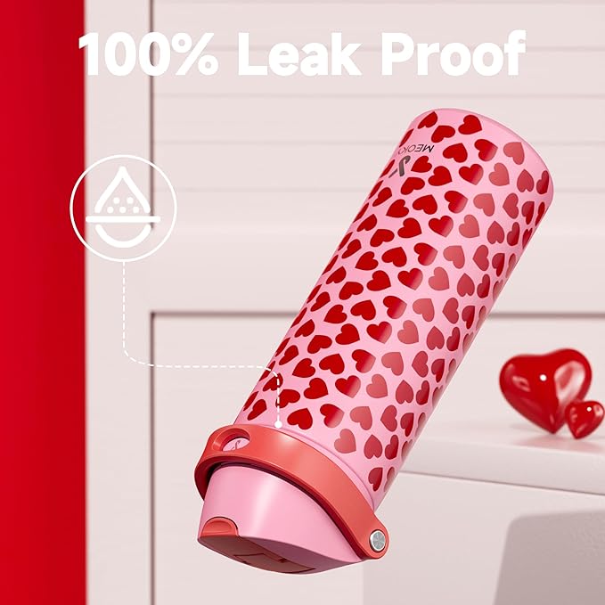 24 oz Valentine's Day Water Bottle: Meoky Stainless Steel Heart Water Bottle with 2-in-1 Straw and Spout Lid - Leak Proof, Fits in Car Cup Holder, Valentines Day Gifts for Her Women Wife Girls, Lovie