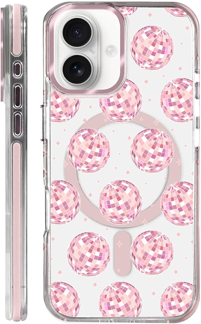 Case for iPhone 16 Plus,[Compatible with MagSafe],Disco Balls Pink Phone Case Design，for Women Girls Magnetic Clear Cover - Slim, Sleek, & Shockproof Protection