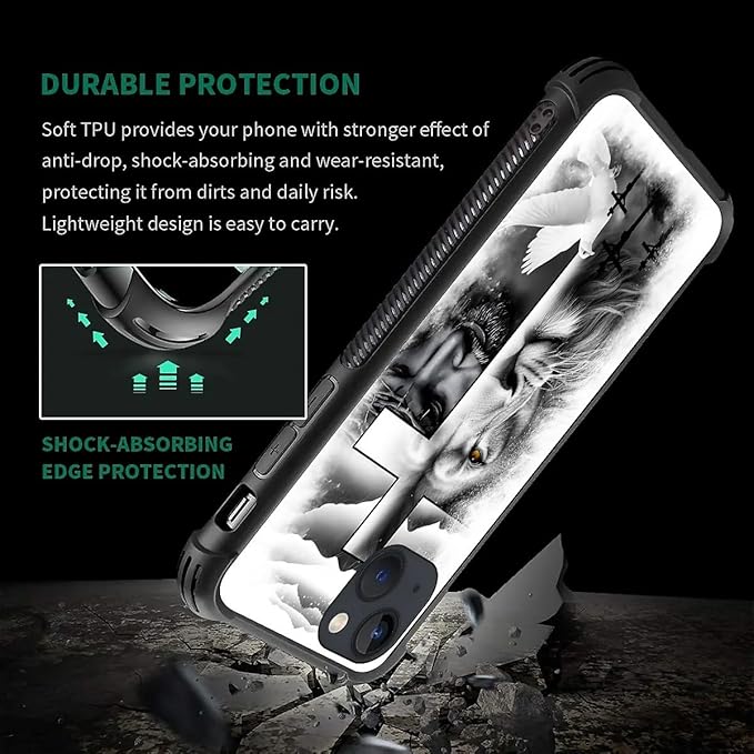 for iPhone 14 Plus Case, Lion Cross Jesus Christ Dove Pattern Made of Soft Silicone Hard Acrylic Shock Protection for iPhone 14 Plus