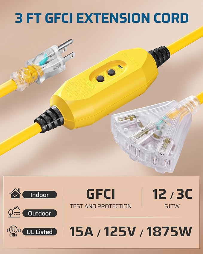 DEWENWILS 3FT GFCI Extension Cord Outdoor, 12/3 AWG SJTW Heavy Duty Power Cable, LED Lighted 3 Prong GFCI Plug for Pool Pump Multiple Appliances, Automatic Reset, Yellow, UL Listed, 2 Pack