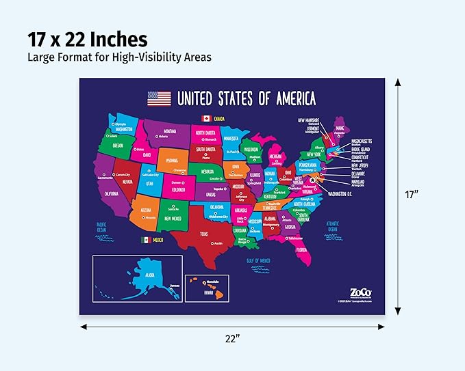ZOCO – United States Map with Capitals Poster (5-Pack) – Laminated 17x22 – Educational USA Wall Chart for Kids – North America Geography, Social Studies Classroom Decor