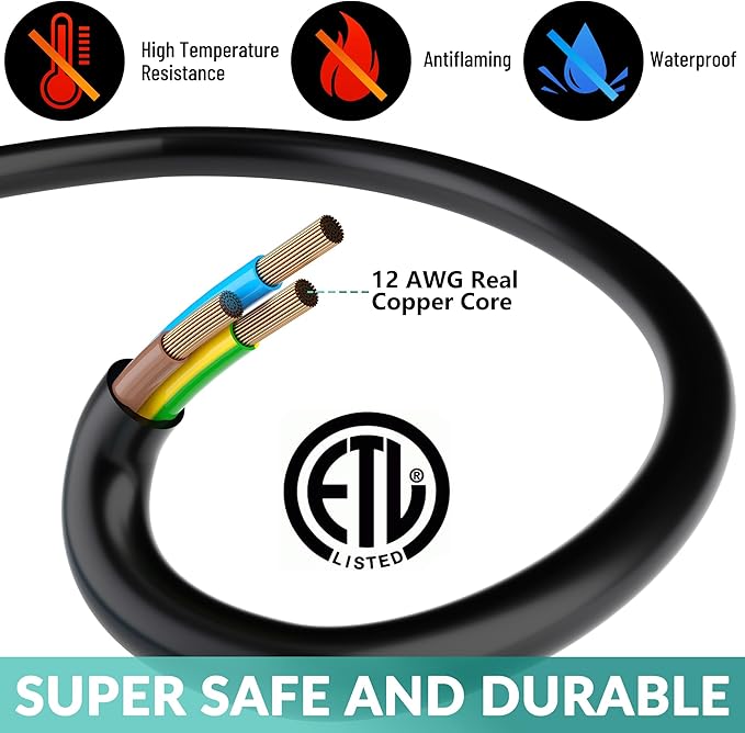 Outdoor Extension Cord 35 Ft with 3 Outlets, 12/3 SJTW 3 Prong Grounded Power Cord, 12 Gauge 12AWG Heavy Duty Power Cable, ETL Listed, 15 Amp 125 V 1875 W-Multiple Outlets for Indoor/Outdoor-Black