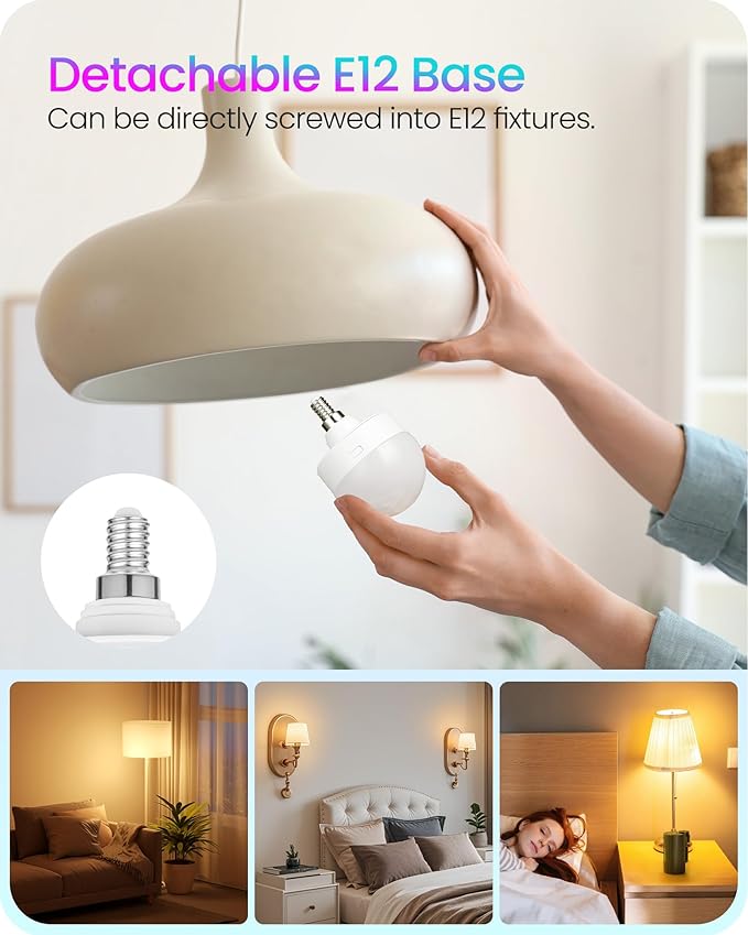 Rechargeable Light Bulbs with Remote Control, 2 Pack E12 Base Battery Operated Light Bulbs, 3 Timer 15 Colors Selectable, Dimmable Wireless RGB LED Bulb for Lamp, Non-Hardwired, R08YBP205