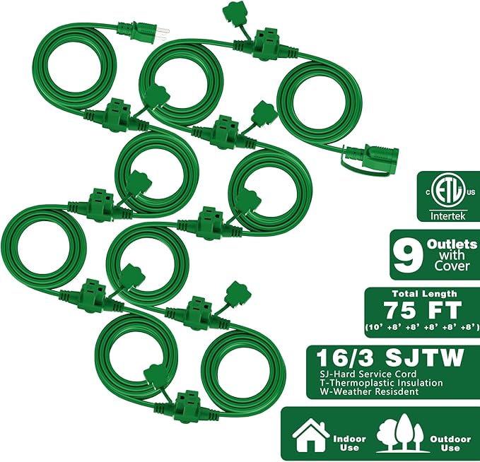 K KASONIC - Outdoor Extension Cord 75 FT, Evenly Spaced 9 Outlets Plugs, 16/3 SJTW Weatherproof Multiple Outlets Wire for Landscaping Light, Holiday Decoration and Christmas, ETL Listed, Green