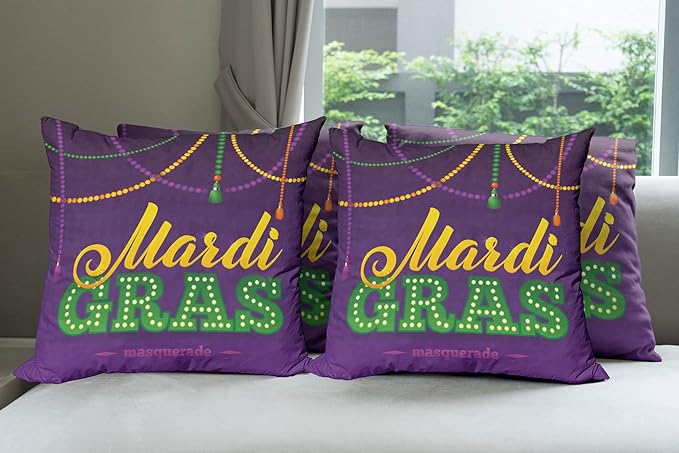 Ambesonne Mardi Gras Throw Pillow Cushion Case Pack of 4, Beads and Tassels Masquerade Theme Calligraphy Design Fun Print, Modern Accent Double-Sided Digital Printing, 18", Purple Marigold
