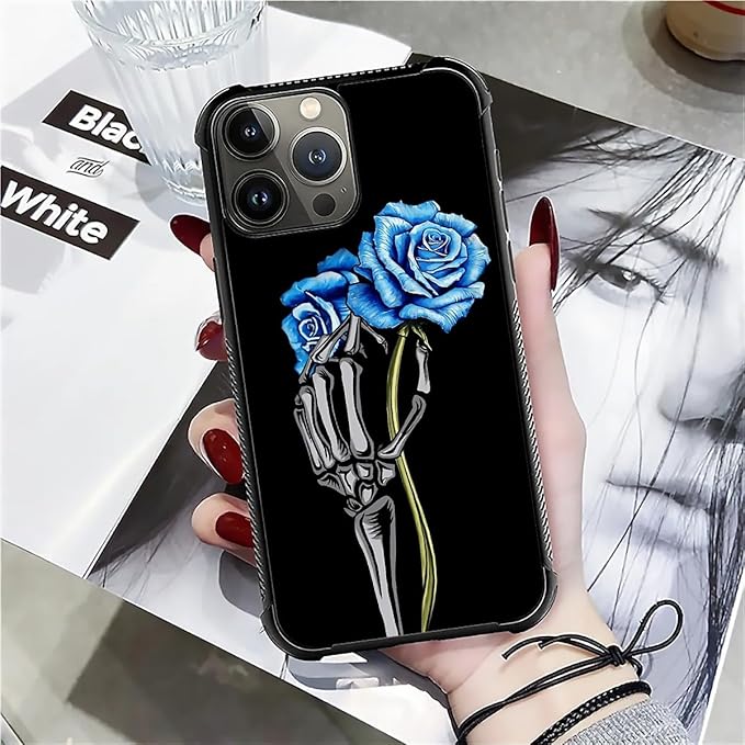 for iPhone 16 Pro Case, Skeleton Holding Blue Rose Pattern Graphic Design Girl Boy Soft Silicone Hard Acrylic Shock Protection for iPhone 16 Pro