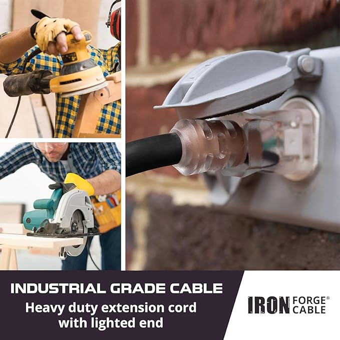 Iron Forge Cable Lighted Heavy Duty Extension Cord 6 ft - 10 Gauge Outdoor Extension Cord 15 AMP, 10/3 Black Power Cable SJTW Weatherproof with 3 Prong
