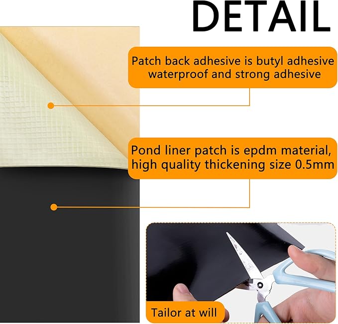 Adnee 2 Pcs Pond Liner Repair Patch-8 x 8 Inches Self-Adhesive EPDM Liner Repair Patch Kit-Thickened Rubber Pond Liner Seam for EPDM Garden Pond Patch Cover Liner Repair