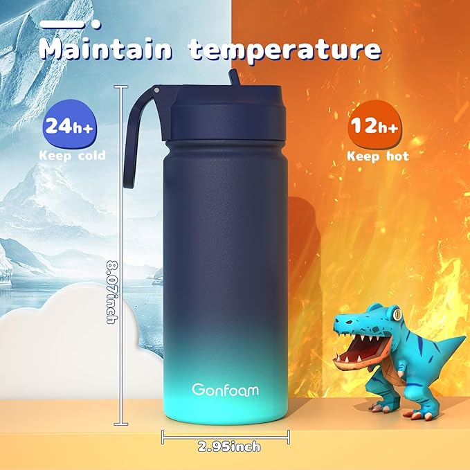 Kids Water Bottle, 16oz Water Bottles Kids with Straw and Stickers, Stainless Steel Vacuum Double Wall Insulated cup, Kids Water Bottle for School, Gifts for Boys(Navy blue)