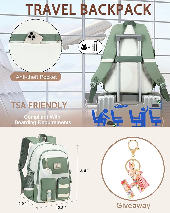 Hidds Laptop Backpack For College Women Elementary Middle High School Bag Teen Girls Bookbag Travel Daypack Backpacks (Green Beige)