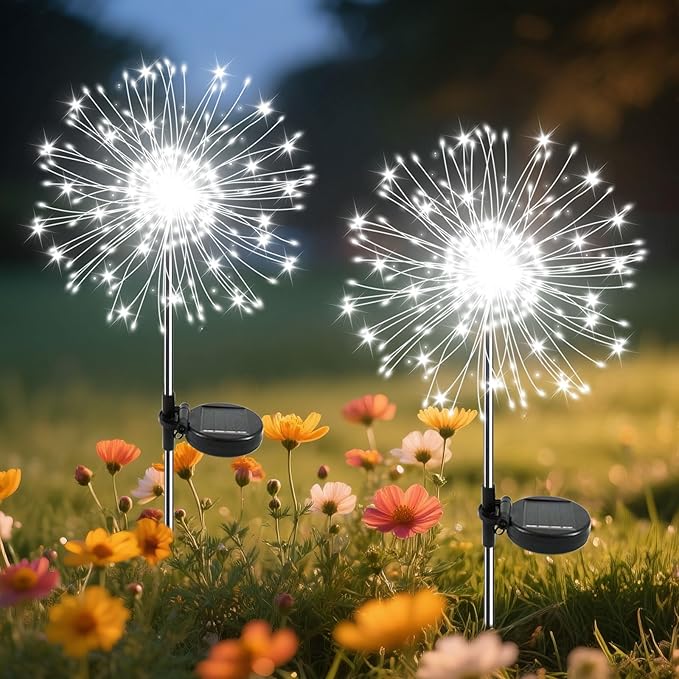 Garden Outdoor Lights, 2 Pack 120 LED Solar Garden Lights Fairy Lights Outdoor Waterproof Decorative Solar Firework Lights for Yard Patio Pathway Flowerbed Party Wedding Decor, White