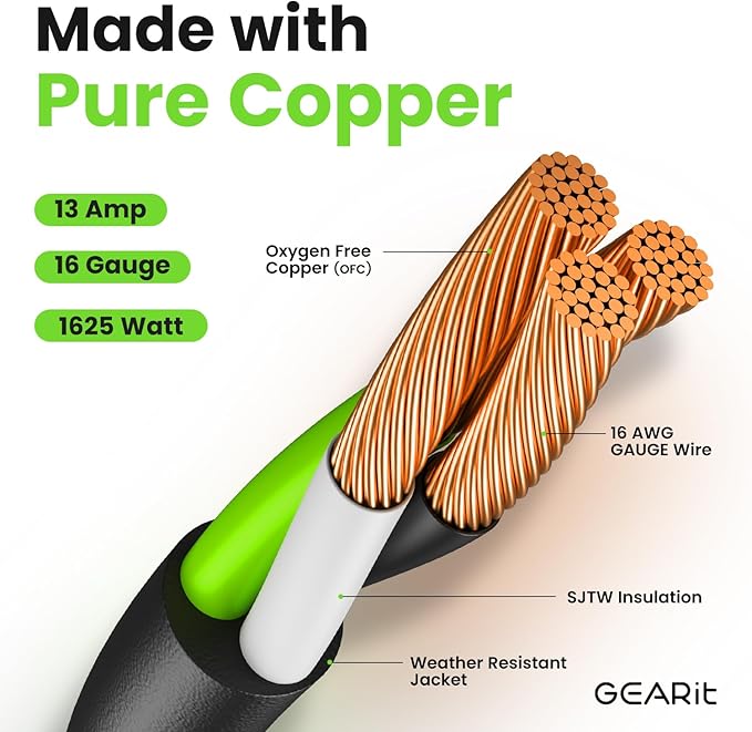 GEARit 50 Ft Extension Cords 16/3 Gauge 360° Rotating Plug Outdoor/Indoor SJTW 16 AWG 3 Prong Heavy Duty Power Cable 13A 125V 1625W for Lawn, Garden, Appliances Black