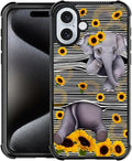 for iPhone 16 Plus Case, Cute Little Elephant Sunflower White Line Art Pattern Graphic Design Girl Boy Soft Silicone Hard Acrylic Shock Protection for iPhone 16 Plus