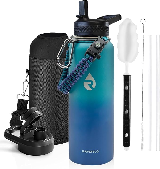RAYMYLO Insulated Water Bottle 40 oz, Triple Wall Vacuum Stainless Steel (Cold for 36Hrs, Hot for 18Hrs), Leak Proof & Non-BPA, Modern Water Flask Jug with Paracord Handle & Straw Spout Lids