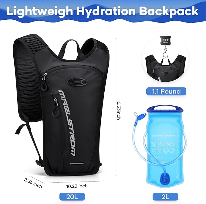 Maelstrom Hydration Backpack, Hiking Backpack with 2L Water Bladder, Running Hydration Vest for Cycling Hiking Rave for Men Women
