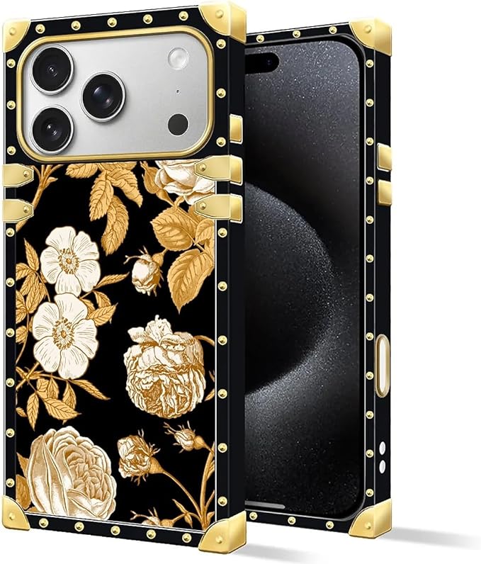 for iPhone 17 Pro Case Luxury Golden Decoration for Girl Women Soft TPU Shockproof Protective Hard PC Back for iPhone 17 Pro Crazy Pattern Blooming Rose Golden Flower