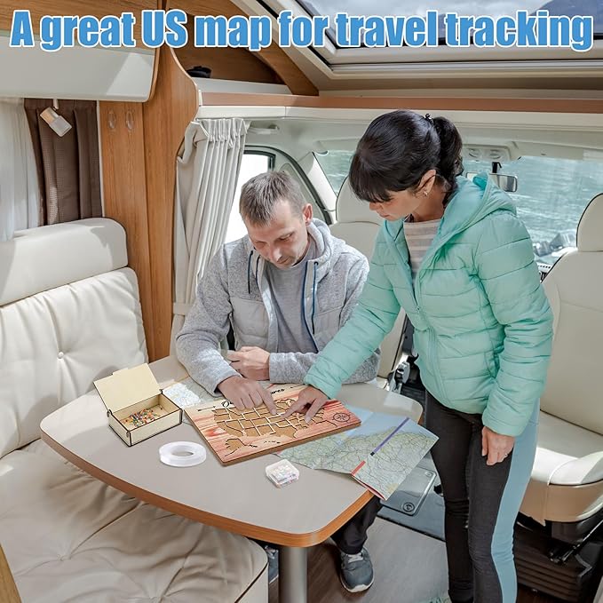 Cork Board USA Travel Map with Push 100 Pin and Wooden Storage Box 12" x 8" United States Tracking Map for Travel Tracking Couples Gift for RV Vacations Geography Classroom Decor