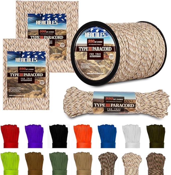 HERCULES Type III Paracord 550 Paracord Rope Parachute Cord, 100' Camo for Survival Rope, Survival Cord