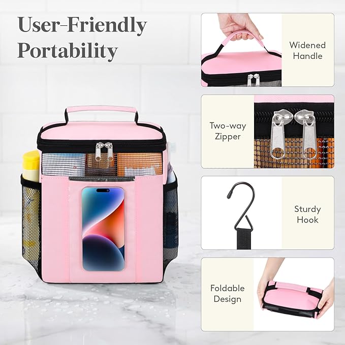 Lifewit Mesh Shower Caddy Bag Portable, Quick Dry Hanging Bathroom Organizer with PVC Phone Bag, College Dorm Room Essentials for Travel, Gym, Camping, Toiletry Tote for Women Men, Medium, Pink