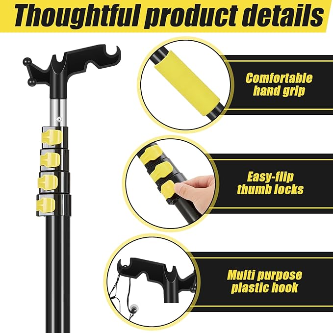 3.2-12 ft Telescopic Extension Pole with Utility Hook, Multi-Purpose Aluminum Pole for Painting, Dusting and New Year Window Cleaning Christmas Lights Installation Without a Ladder(Yellow)