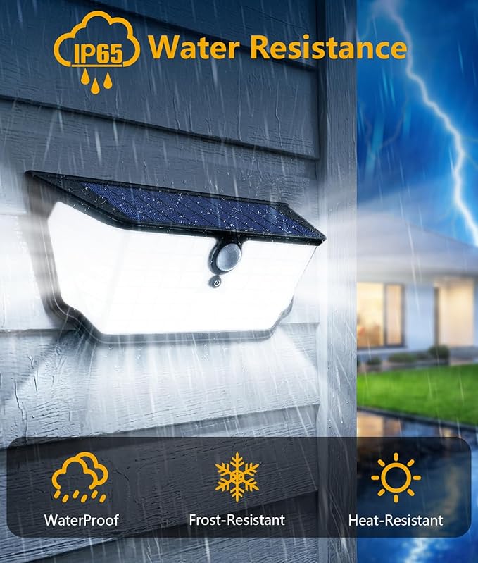 WdtPro Solar Lights Outdoor Waterproof, 300° Angle & 3 Lighting Modes Motion Sensor Outdoor Lights, Solar Security Flood Lights for Outside Fence Wall Yard Front Door Deck Garden Garage 2 Pack