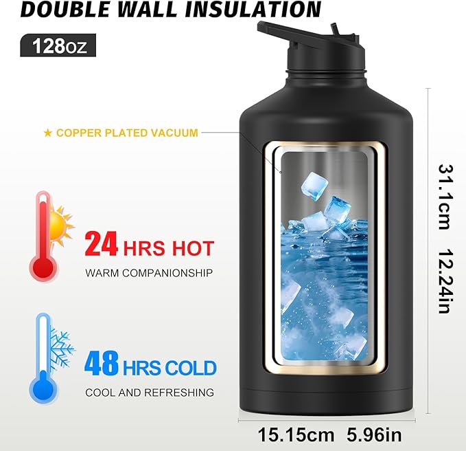 1 Gallon Water Bottle Insulated(Cold for 48 Hrs),BPA Free&Leak Proof,128oz Stainless Steel Water Jug,Large Water Bottle with Straw Spout Lids for Gym,Hiking,Camping&Travel,Black