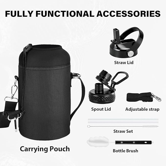 Insulated Water Bottle 64 oz, Triple Wall Vacuum Stainless Steel Water Bottles (Cold for 48 Hrs), Leak Proof & Non-BPA, Half Gallon Water Flask Jug Wide Mouth Straw Lid & Spout Lid