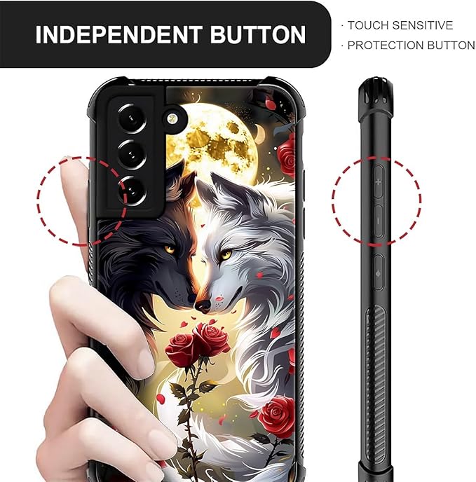 for Samsung Galaxy S21 Case, Black White Wolf Moon Flower Rose Pattern Graphic Design Girl Boy Soft Silicone Hard Acrylic Shock Protection for Samsung Galaxy S21