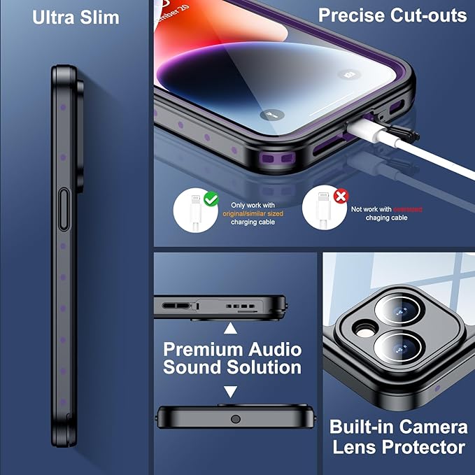 SPIDERCASE for iPhone 14 Case Waterproof, Built-in Lens & Screen Protector, Full Heavy Duty Protection, 12FT Military Shockproof, Dustproof, Anti-Scratched Phone Case,Purple