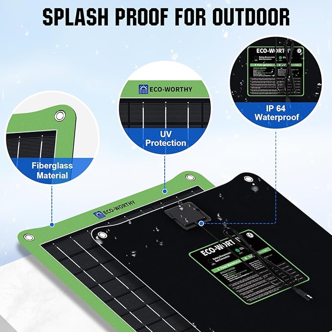 ECO-WORTHY Upgrade 7.5W Solar Car Battery Charger Maintainer 12V Waterproof Solar Panel Portable Solar Trickle Charger for Car Truck Boat Lawn Mower RV Trailer Tractor Utility Vehicle Battery