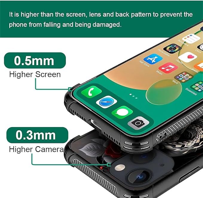 for iPhone 14 Case, Entwined Rose Snake Pattern Graphic Design Girl Boy Soft Silicone Hard Acrylic Shock Protection for iPhone 14