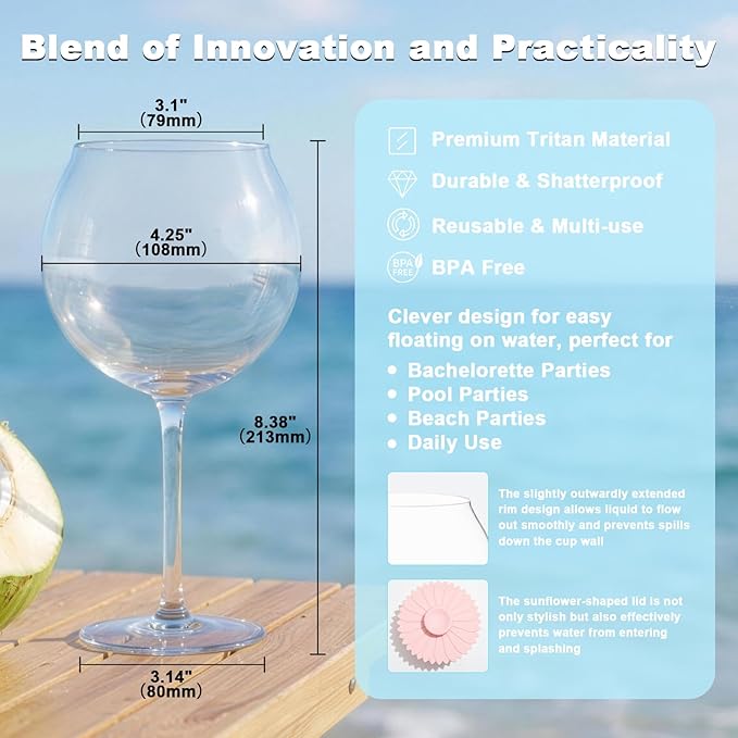 Goodluck Floating Pool Wine Glasses Set of 2,18oz Tritan Shatterproof Stemware Clear Plastic Wine Glasses with Sunflower Lids, Modern Drinkware for Hot Tub, Beach & Outdoors