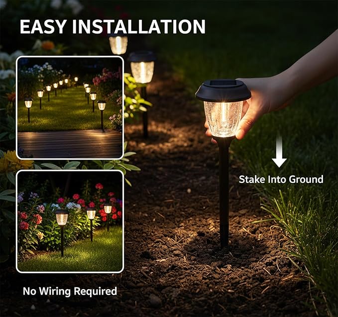XMCOSY+ Solar Lights Outdoor 10/25 LM LED with 2 Lighting Modes, Solar Garden Lights Glass and Metal, IP65 Waterproof Solar Powered for Yard Pathway Walkway Driveway Patio (6 Pack, Warm White)